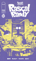Comic book cover for Rascal Randy issue 2 from Exquisite Corpses, featuring a stylized illustration in yellow and purple of a figure at a desk in a cluttered room.