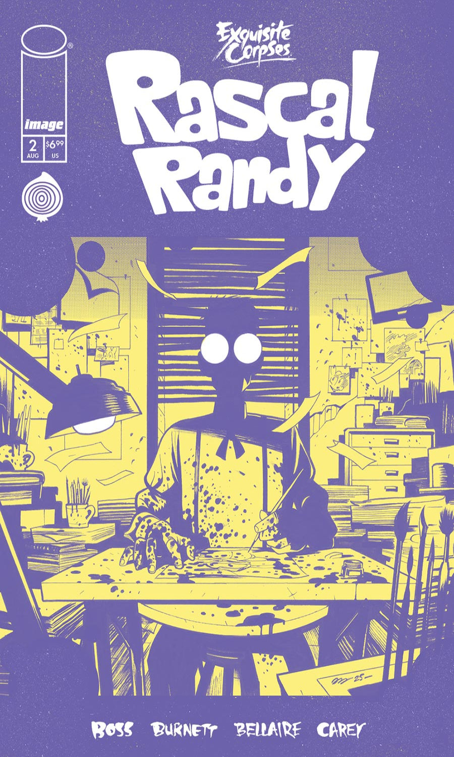Comic book cover for Rascal Randy issue 2 from Exquisite Corpses, featuring a stylized illustration in yellow and purple of a figure at a desk in a cluttered room.