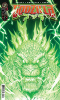 Comic book cover featuring a green monster with a fierce expression on a white background
