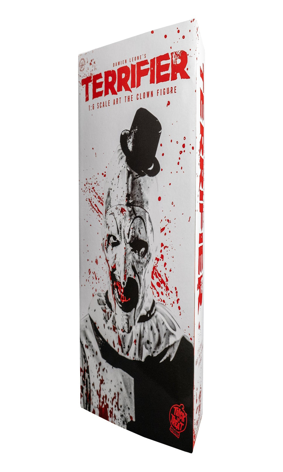 Box for 'Terrifier' figure with clown design and red text on white background