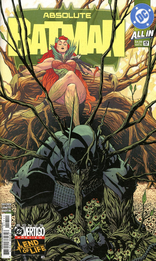 Comic book cover featuring a character with antlers and a woman in a red dress.