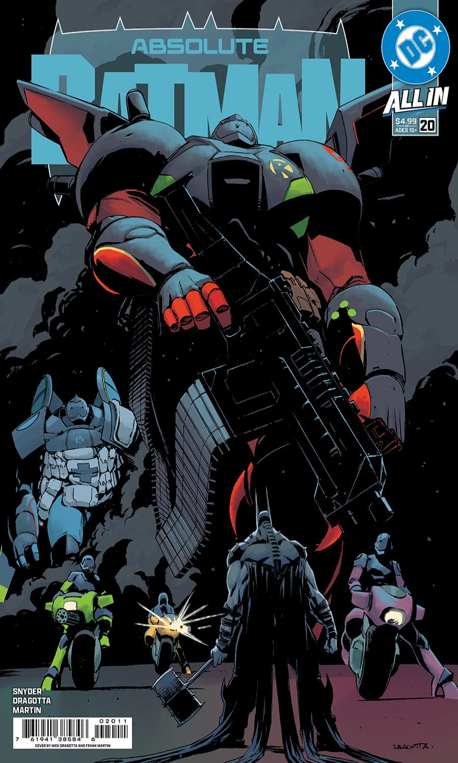 Comic book cover featuring a large robot-like figure with 'Absolute Batman' text and DC logo.
