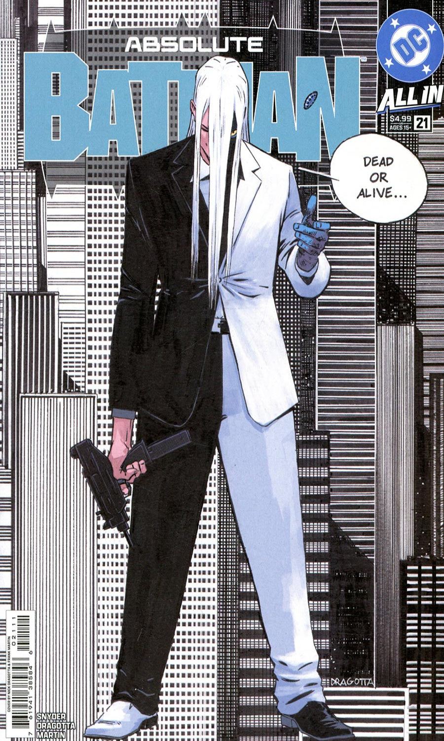 Comic book cover featuring a character in a suit with a cityscape background
