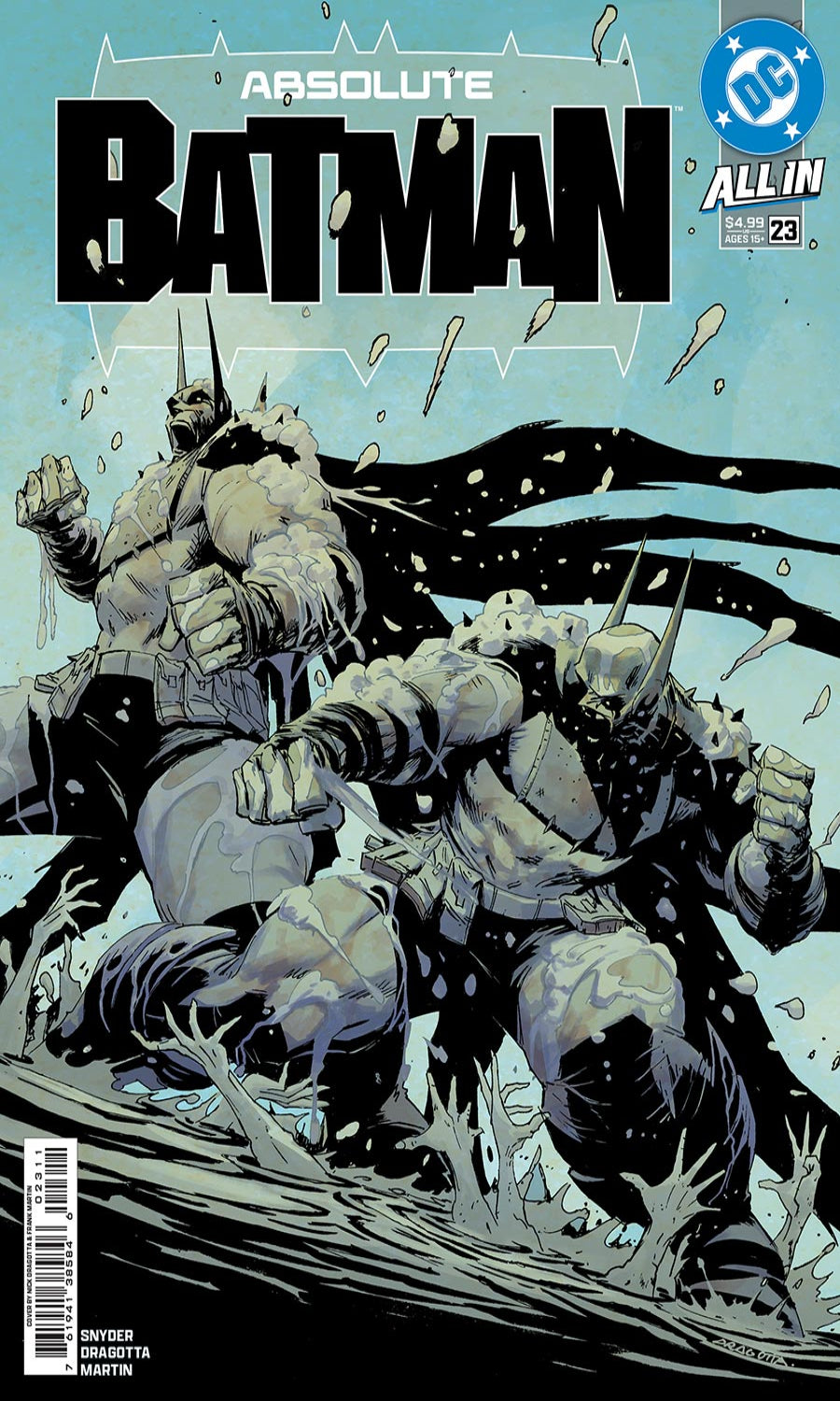 Batman comic book cover featuring Batman and another armored figure in a dynamic action scene, with the title 'Absolute Batman' at the top and a DC Allin logo in the upper right.
