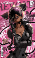 Comic book cover featuring a character in a black and pink outfit with a pink background.