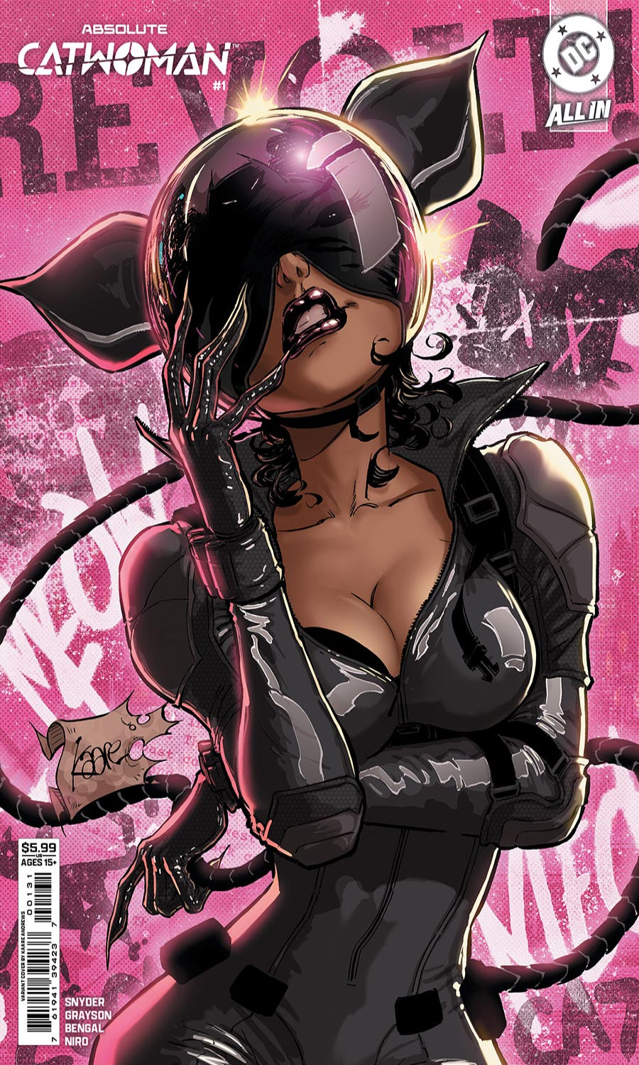 Comic book cover featuring a character in a black and pink outfit with a pink background.