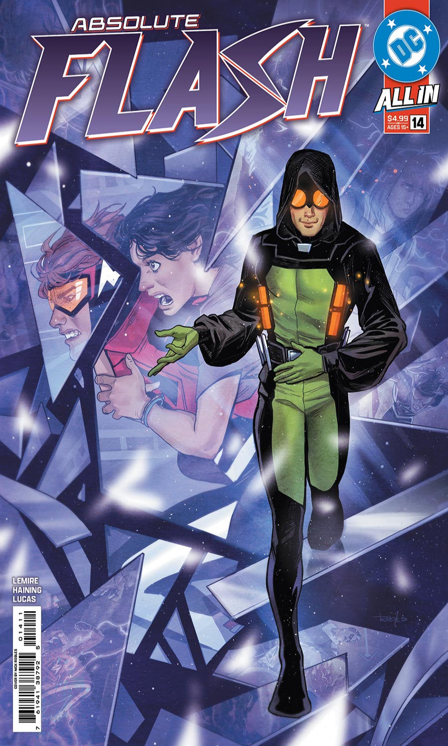 Comic book cover featuring a character in a green and black suit with a futuristic design.
