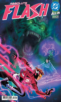 Comic book cover featuring a superhero in a red suit with a green monster in the background.
