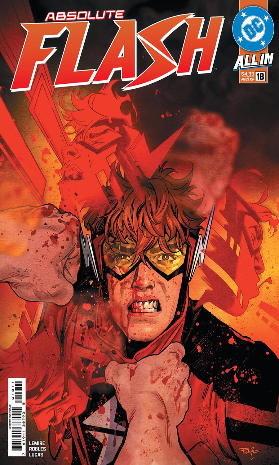 DC Comics Absolute Flash Allin 18 comic book cover featuring a dramatic illustration of the Flash with a determined expression, surrounded by red and orange action elements and blood splatters.