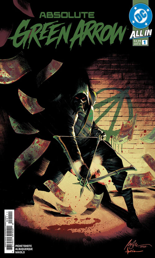 Comic book cover of 'Absolute Green Arrow' with a masked character holding a bow.