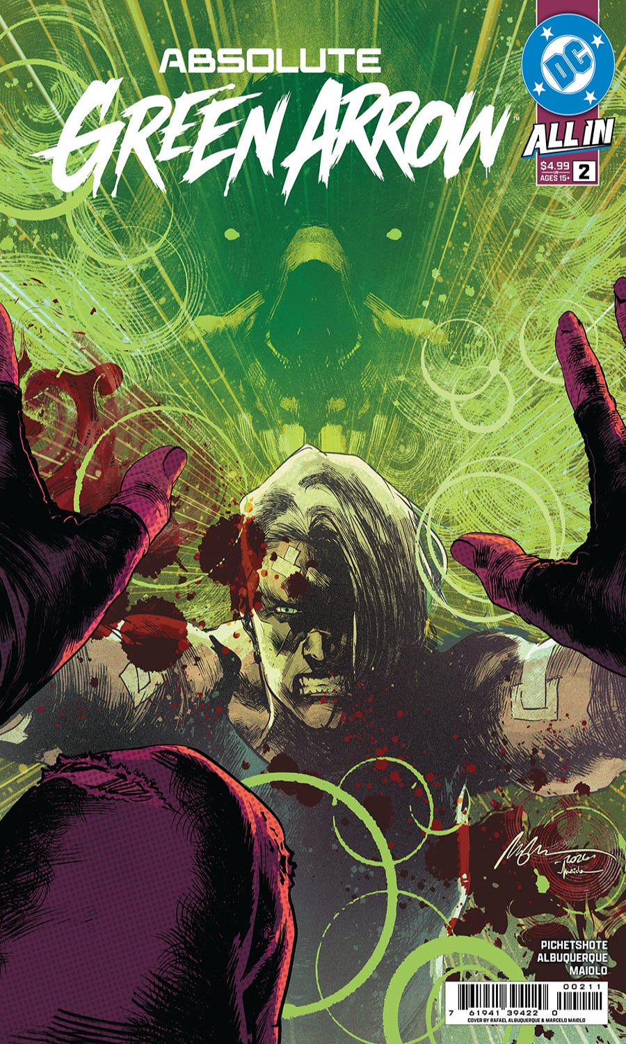 Comic book cover of 'Absolute Green Arrow' with a green and purple color scheme.