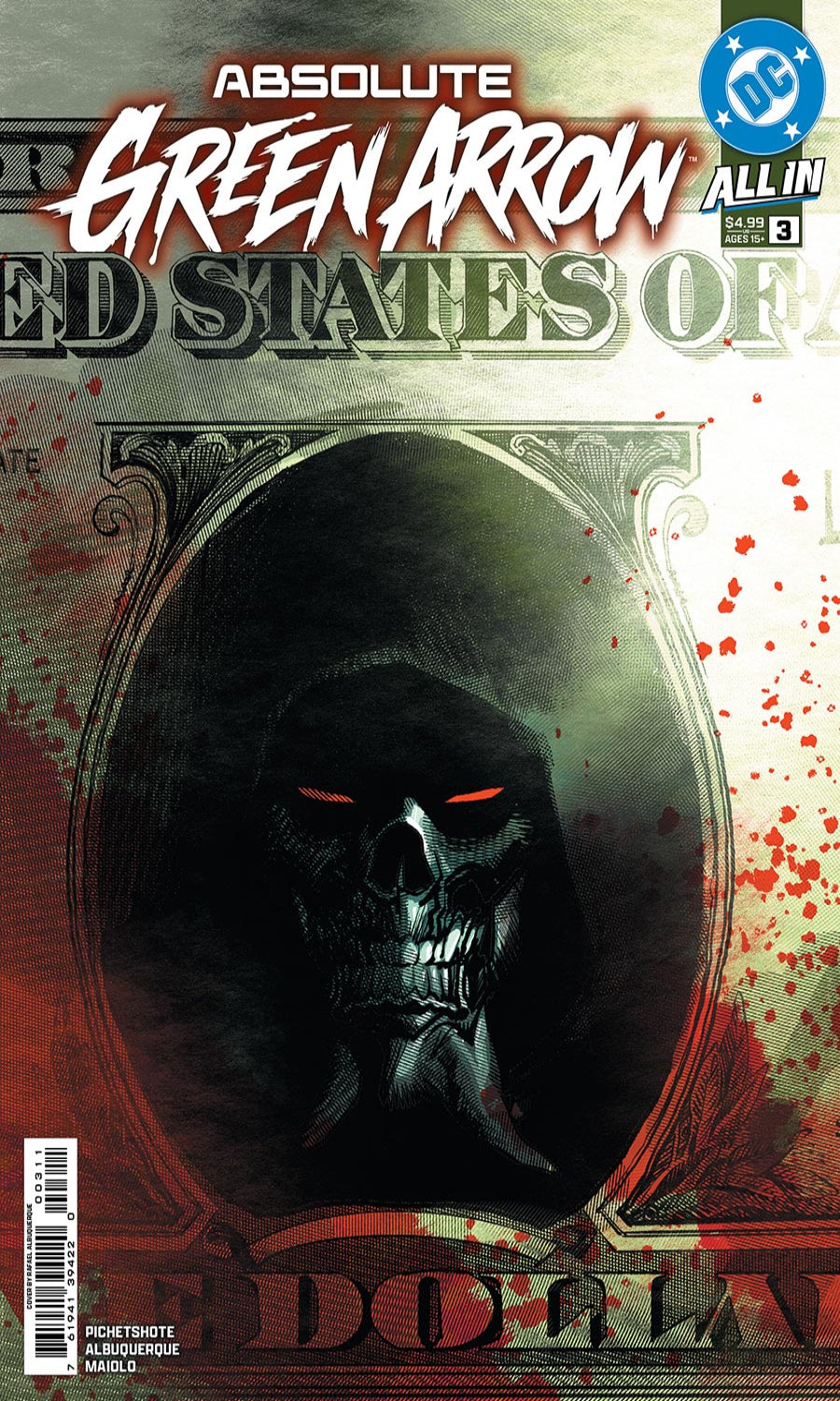 Comic book cover featuring a dark skull with red eyes and the title 'Absolute Green Arrow'.