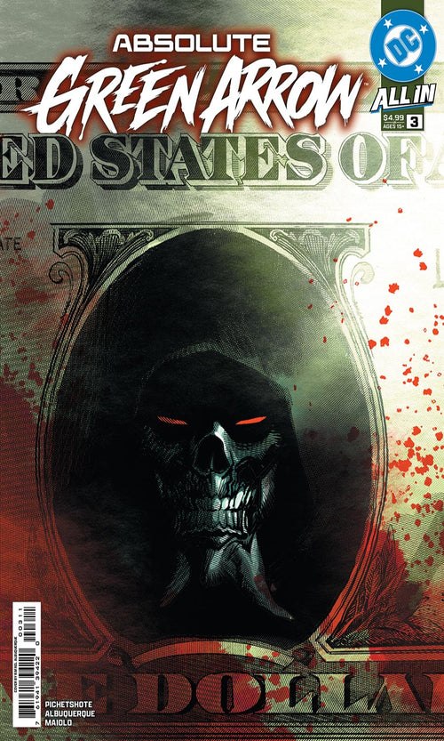 Comic book cover featuring a dark skull with red eyes and the title 'Absolute Green Arrow'.