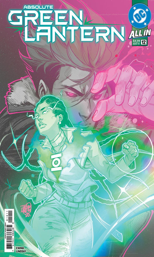 Comic book cover featuring a character in a green lantern costume with a pink and purple background.