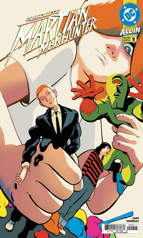 Comic book cover featuring a character holding another figure with a colorful background