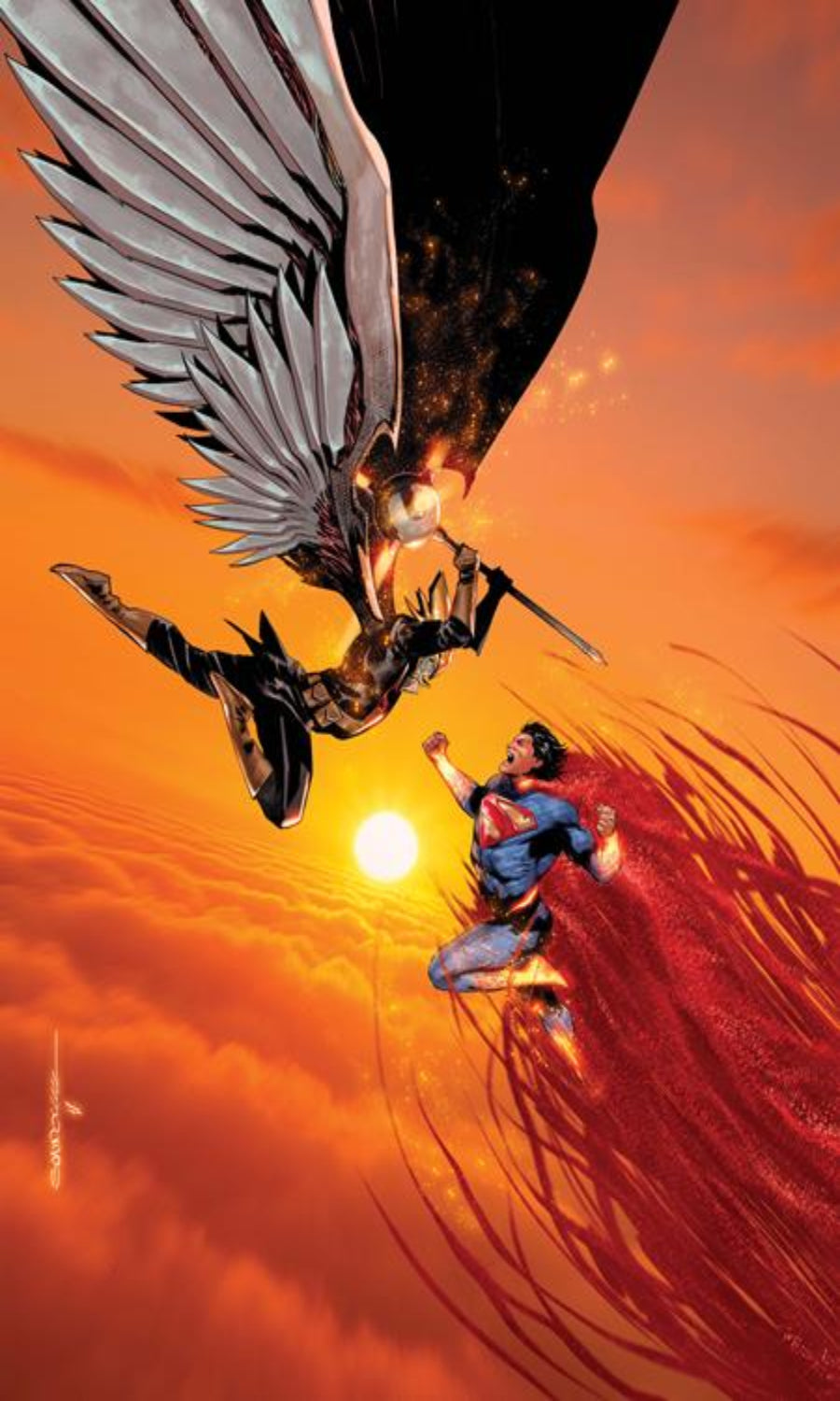 Superman and an eagle-like creature in a dynamic pose against an orange sky.