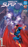 DC Comics Absolute Superman #22 comic book cover featuring Superman flying forward through a city with a giant green monster looming in the sky behind him.