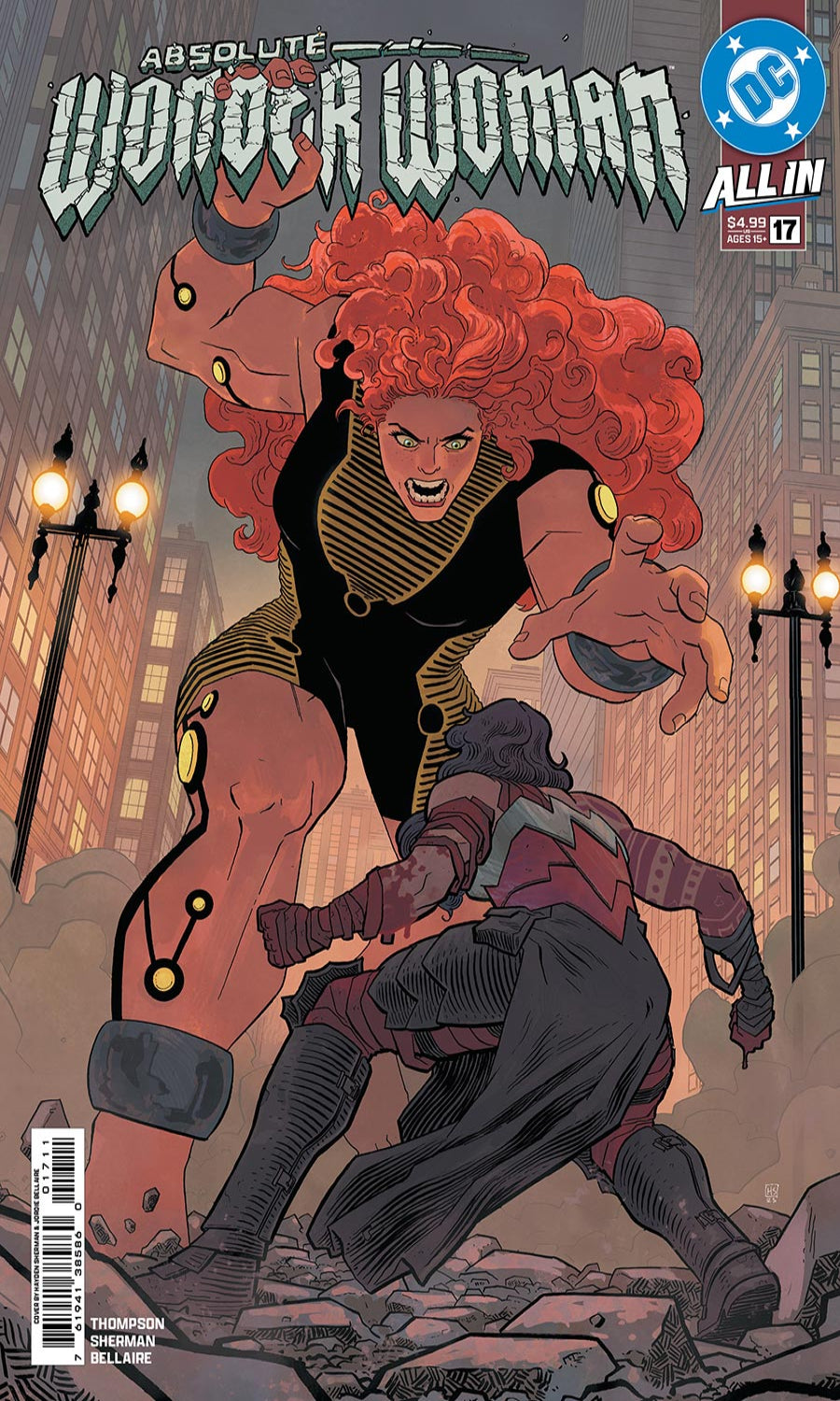 Comic book cover featuring a superheroine with red hair and a horse in an urban setting.