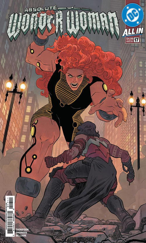 Comic book cover featuring a superheroine with red hair and a horse in an urban setting.