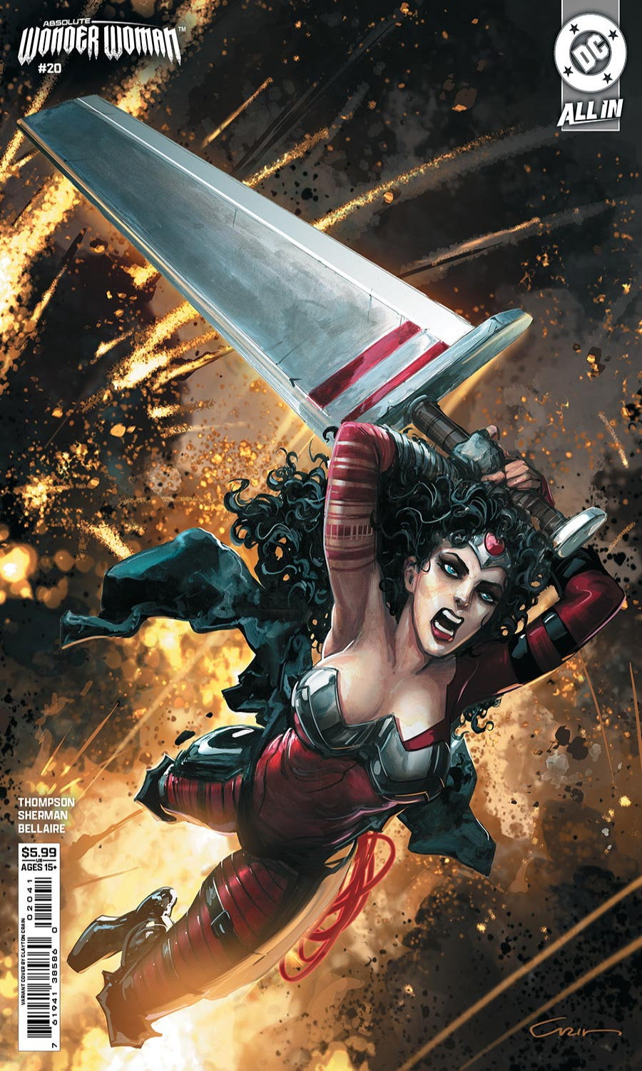 Comic book cover featuring Wonder Woman with a sword, dynamic pose against a dark background.