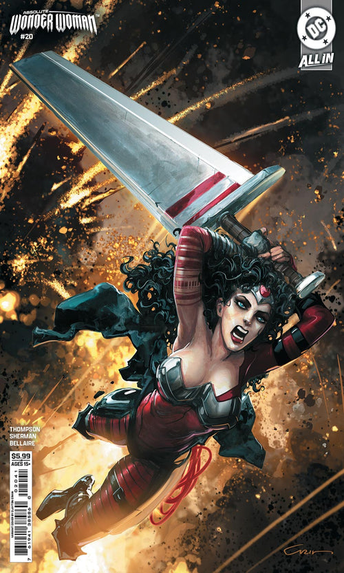 Comic book cover featuring Wonder Woman with a sword, dynamic pose against a dark background.