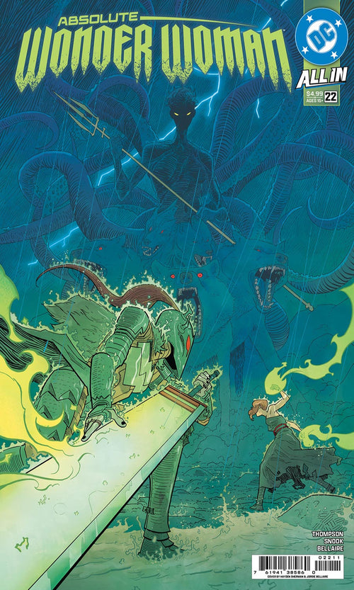 Comic book cover featuring Wonder Woman in a dynamic pose with a blue and green color scheme.