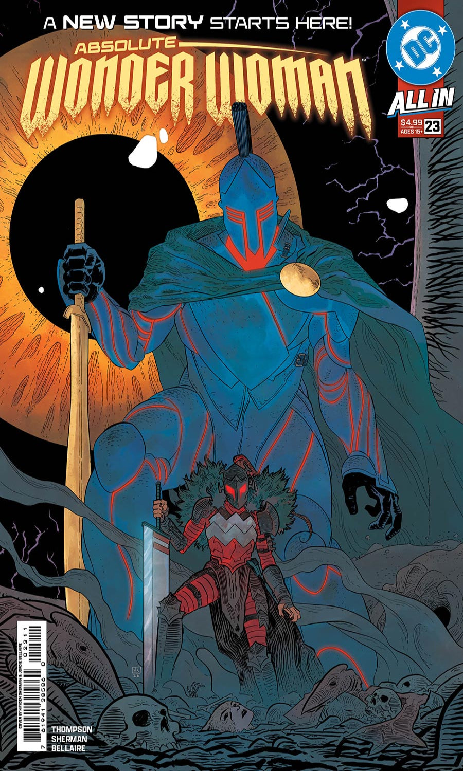Comic book cover for Absolute Wonder Woman #22, featuring a large blue cloaked figure holding a sword in a dark scene with a glowing orange circular backdrop, a smaller hero in red armor at the bottom, and DC branding in the top right.