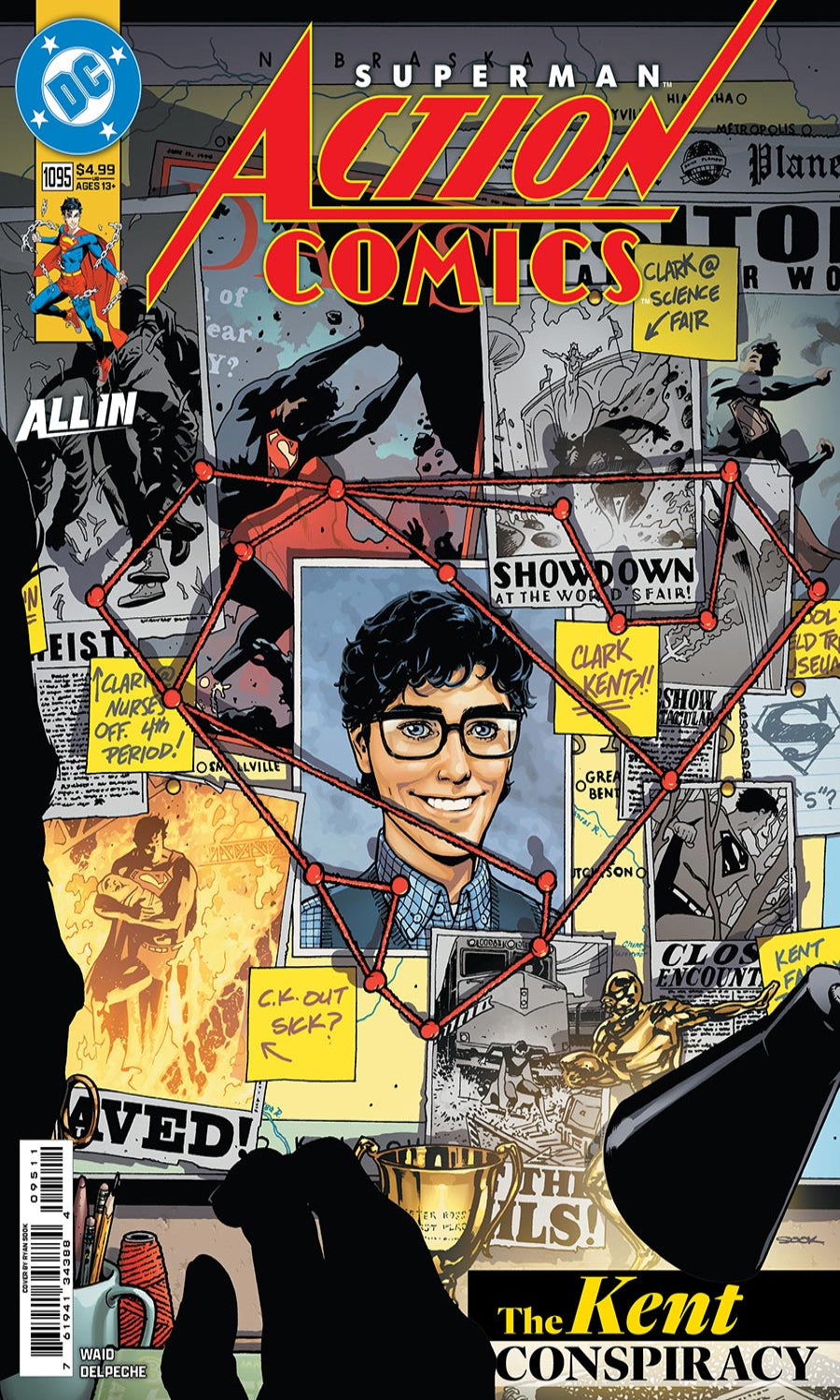 Comic book cover of 'Action Comics' featuring a character with glasses and a layout of text and graphics.