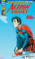 Superman on a blue background with text about 'Action Comics' and 'Reign of the Superboys'.