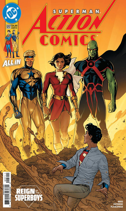 Comic book cover featuring Superman and other characters with a desert background