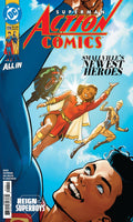Comic book cover of Action Comics featuring Superman and other characters with a blue and red color scheme.