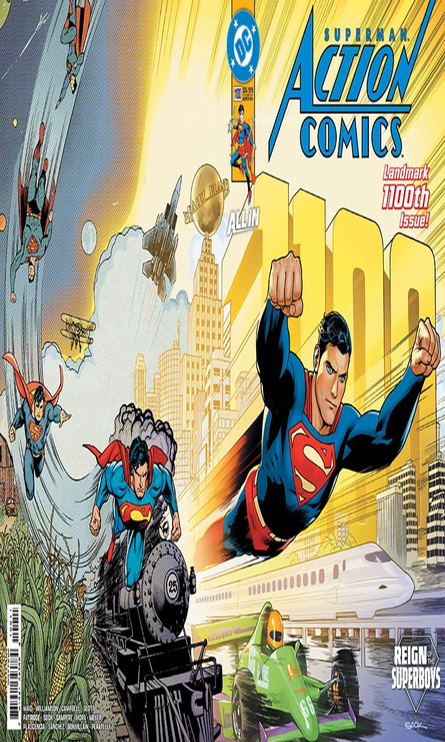 Superman Action Comics cover celebrating 100th anniversary with Superman in various poses.