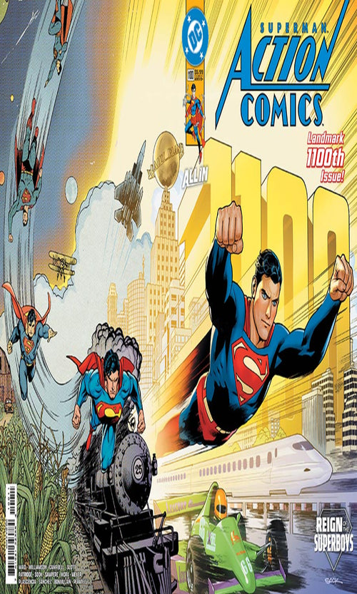 Superman Action Comics cover celebrating 100th anniversary with Superman in various poses.