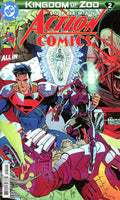 Comic book cover for DC Comics' Kingdom of Zoo: Superman - Action Comics #2, featuring Superman in his classic blue and red suit fighting a purple robotic foe, with a large monster head looming in the background.