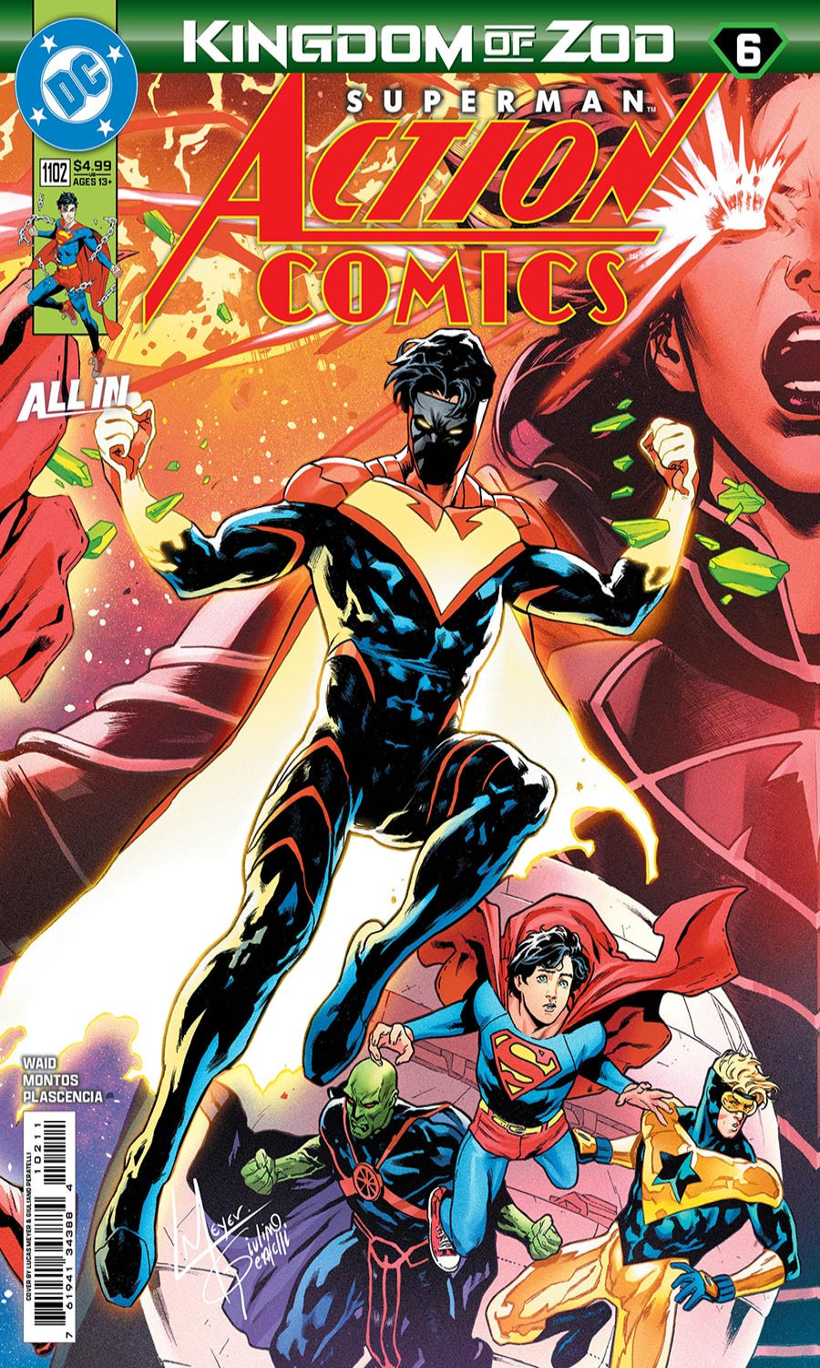Comic book cover for DC Comics' Superman: Action Comics #6, featuring multiple DC characters in dynamic poses against a fiery red and orange background with the title 'Kingdom of Zod' and 'Superman: Action Comics' text.