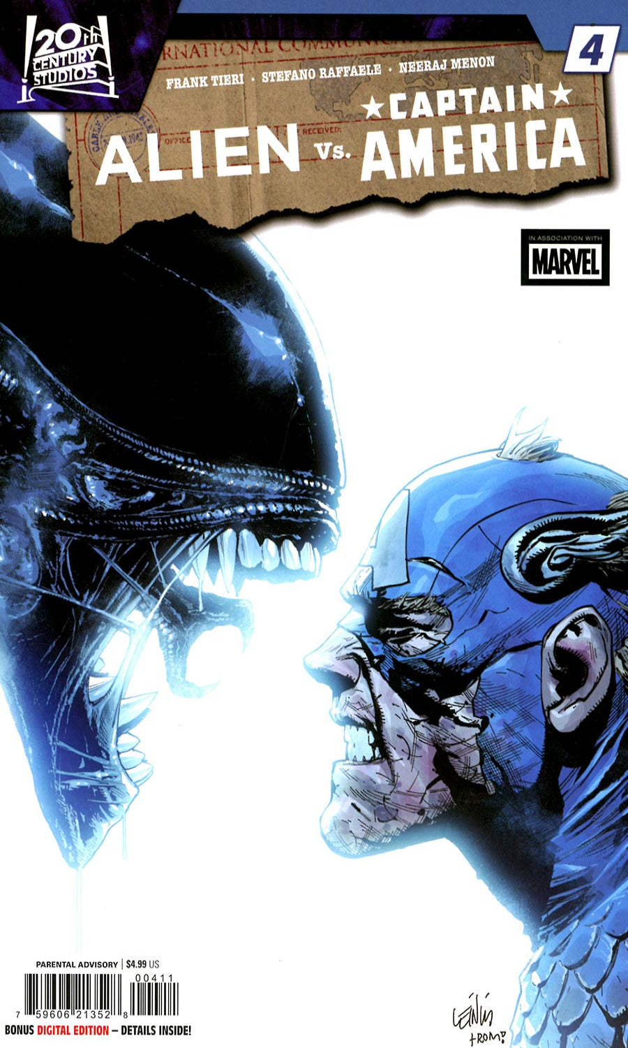 Comic book cover featuring Alien and Captain America facing each other with Marvel logo.