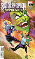 Comic book cover featuring Spider-Gwen and Ghost-Spider with a large green monster in the background.