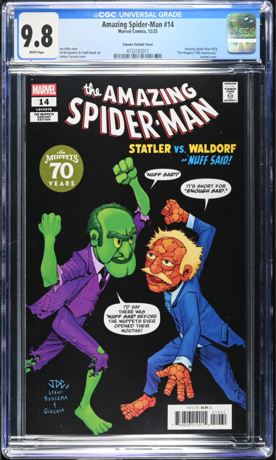 Comic book cover of 'The Amazing Spider-Man' featuring Muppets characters, graded 9.8 by CGC.