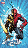Comic book cover featuring Spider-Man and a black and gold suit on a blue background with Marvel logo.
