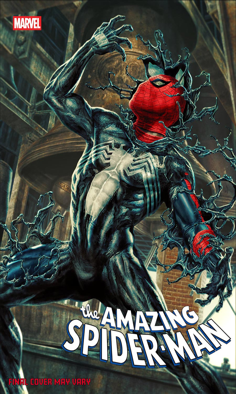 Comic book cover featuring Spider-Man with a red mask and black and gray suit in an urban setting.