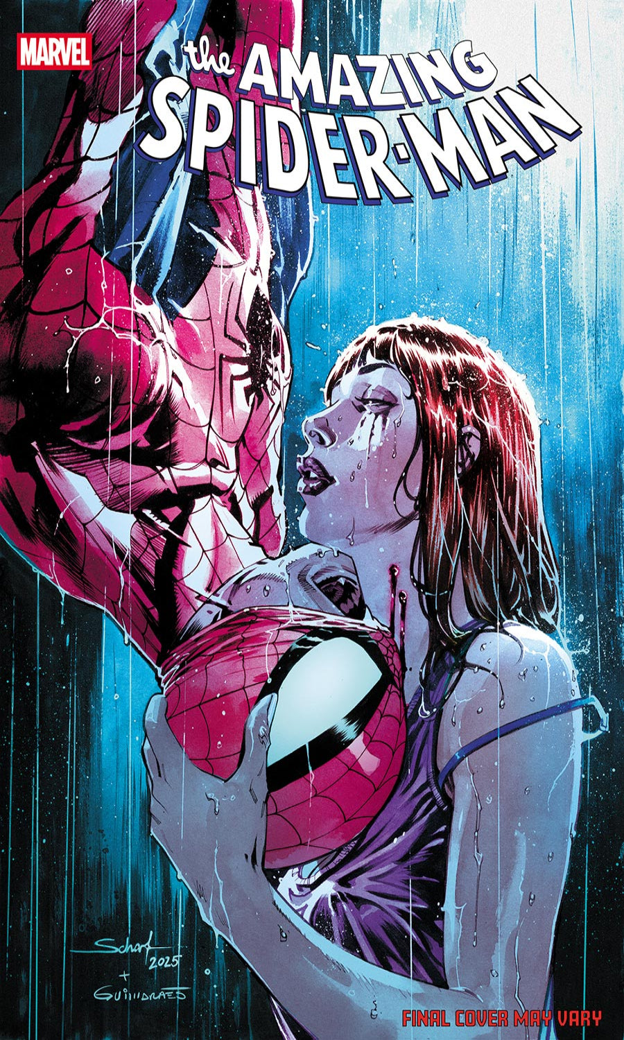 Comic book cover featuring Spider-Man and a woman with a blue and pink color scheme.