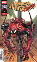 Comic book cover featuring a red and black Spider-Man-like character with a large spider emblem.