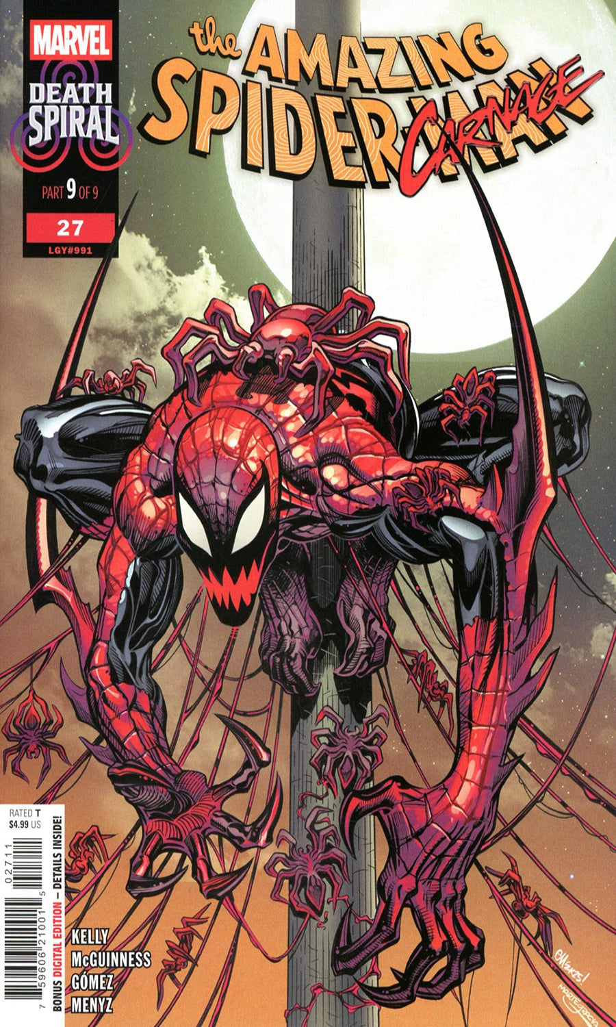 Comic book cover featuring a red and black Spider-Man-like character with a large spider emblem.