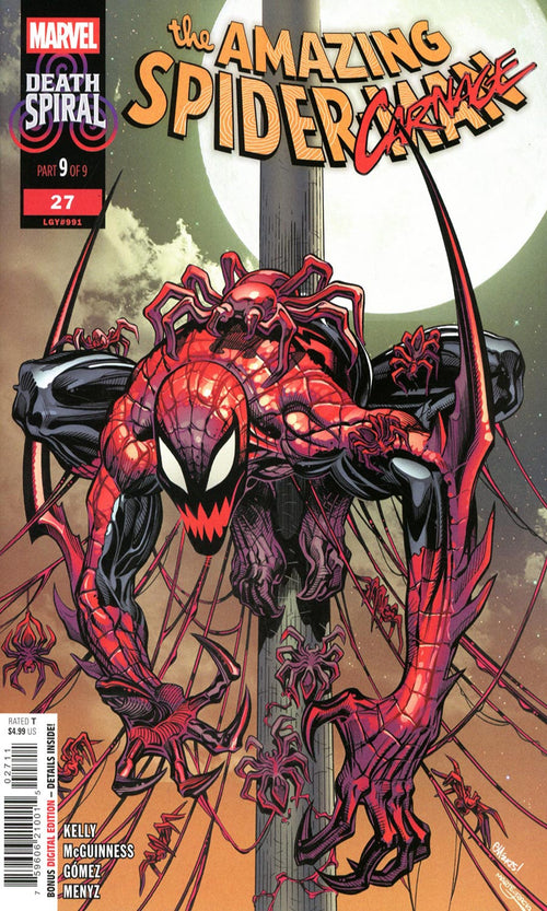 Comic book cover featuring a red and black Spider-Man-like character with a large spider emblem.