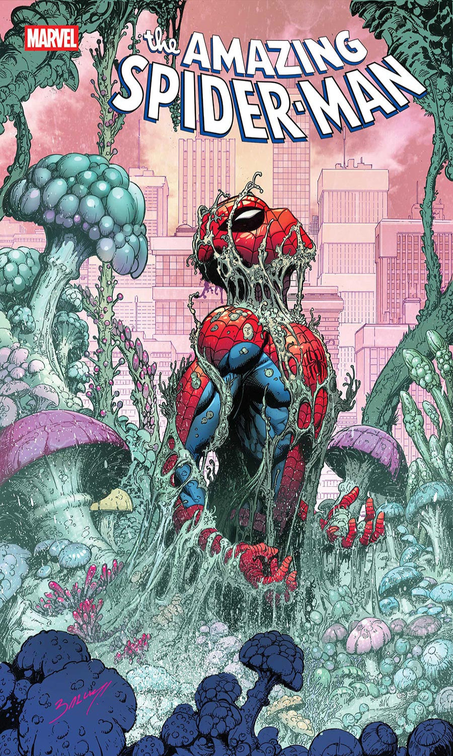 Comic book cover featuring a transformed Spider-Man in a fantasy setting with mushrooms and plants.