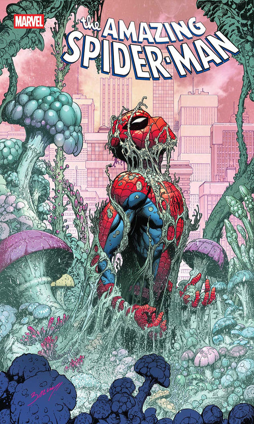 Comic book cover featuring a transformed Spider-Man in a fantasy setting with mushrooms and plants.