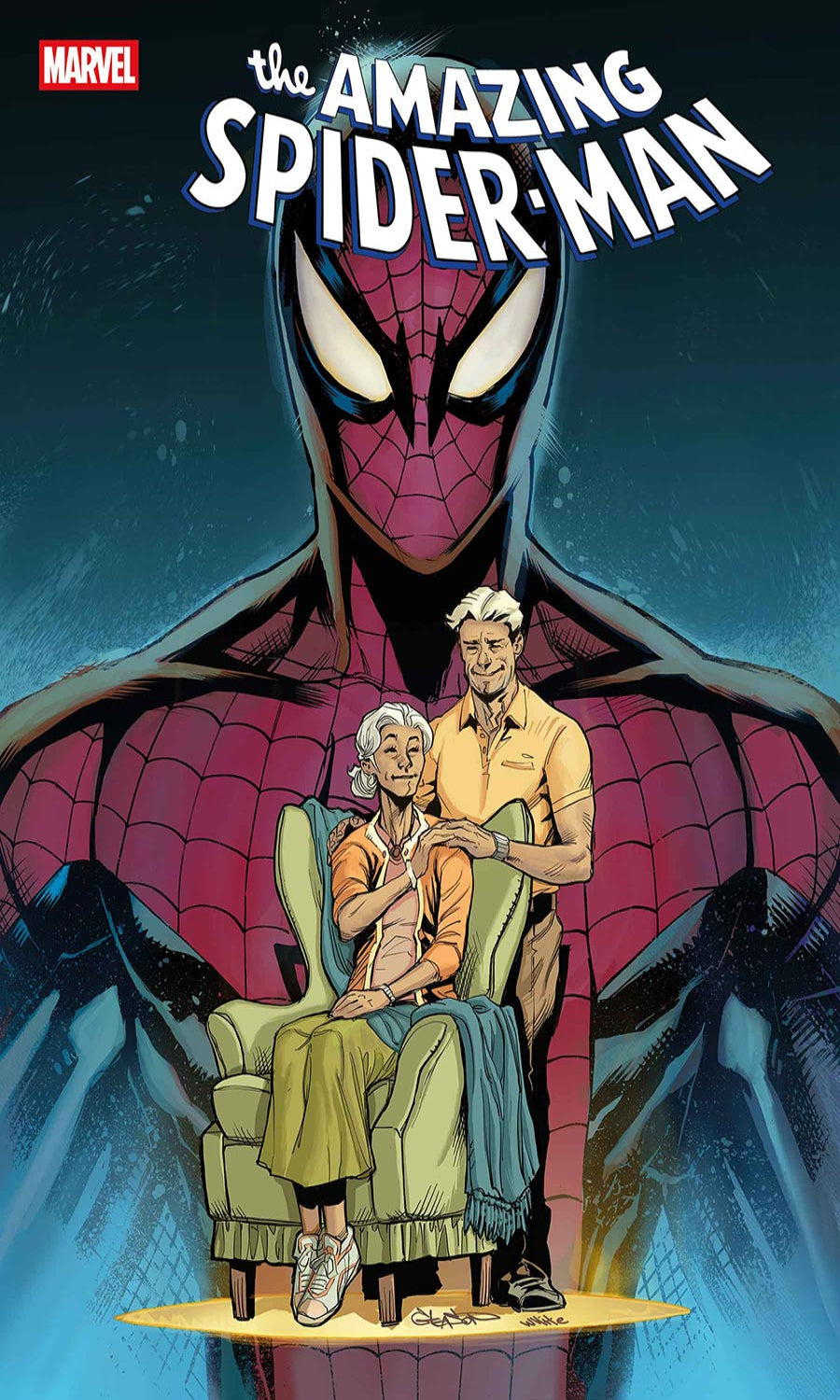 Comic book cover featuring Spider-Man with an elderly couple on a platform