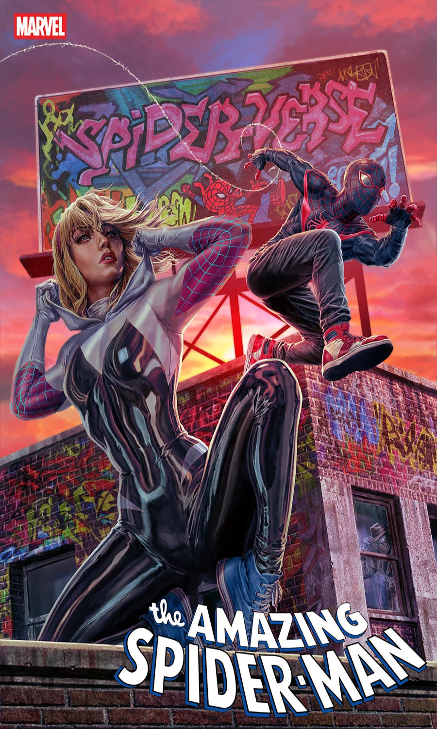 Comic book cover featuring Spider-Man and a woman in a spider suit with a graffiti-covered wall and sign in the background.