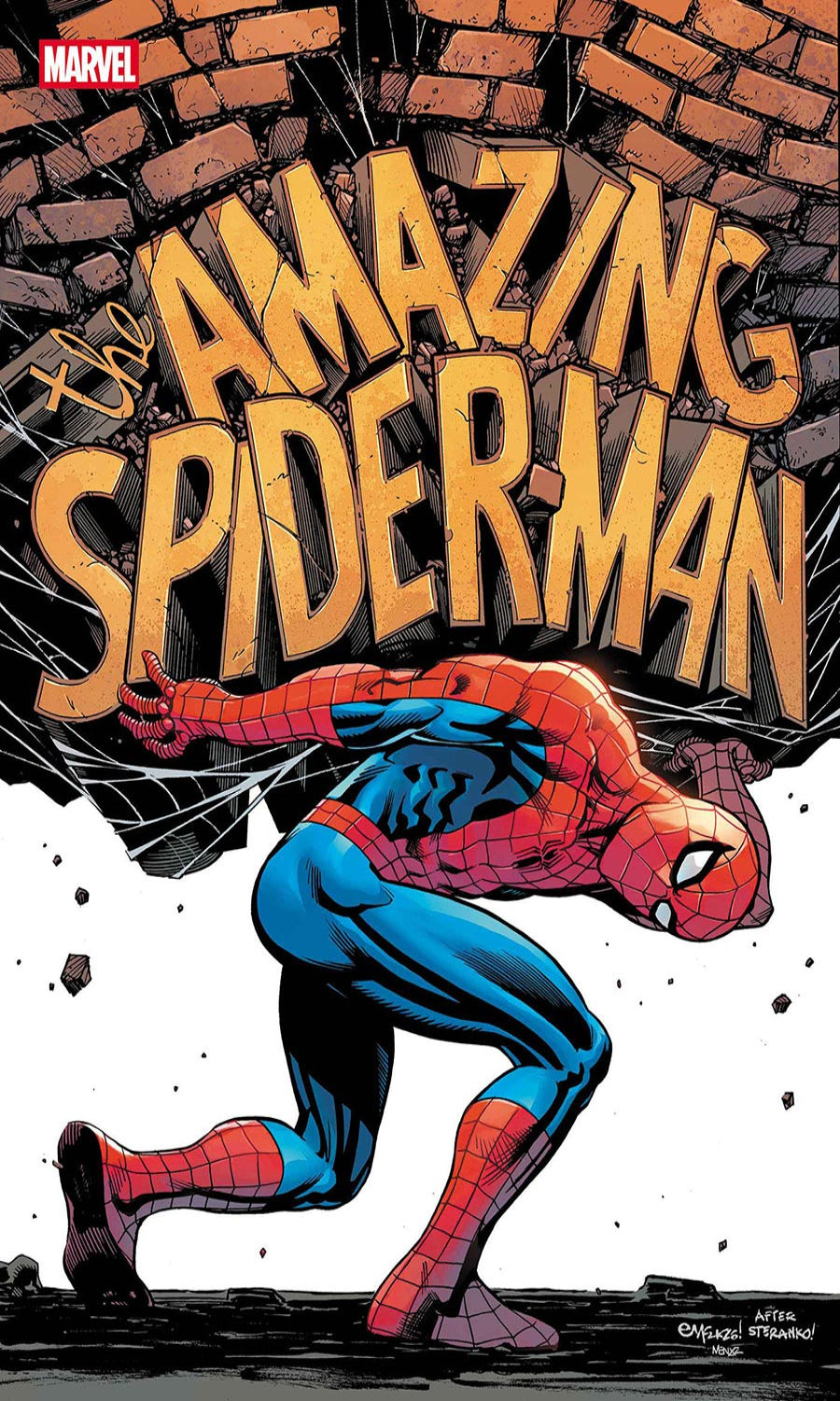 Comic book cover featuring Spider-Man leaping over a brick wall with 'The Amazing Spider-Man' title.