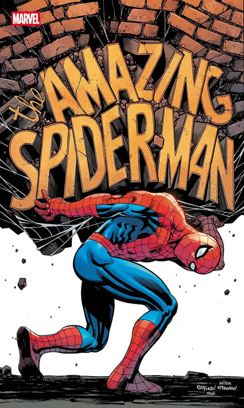 Comic book cover featuring Spider-Man leaping over a brick wall with 'The Amazing Spider-Man' title.